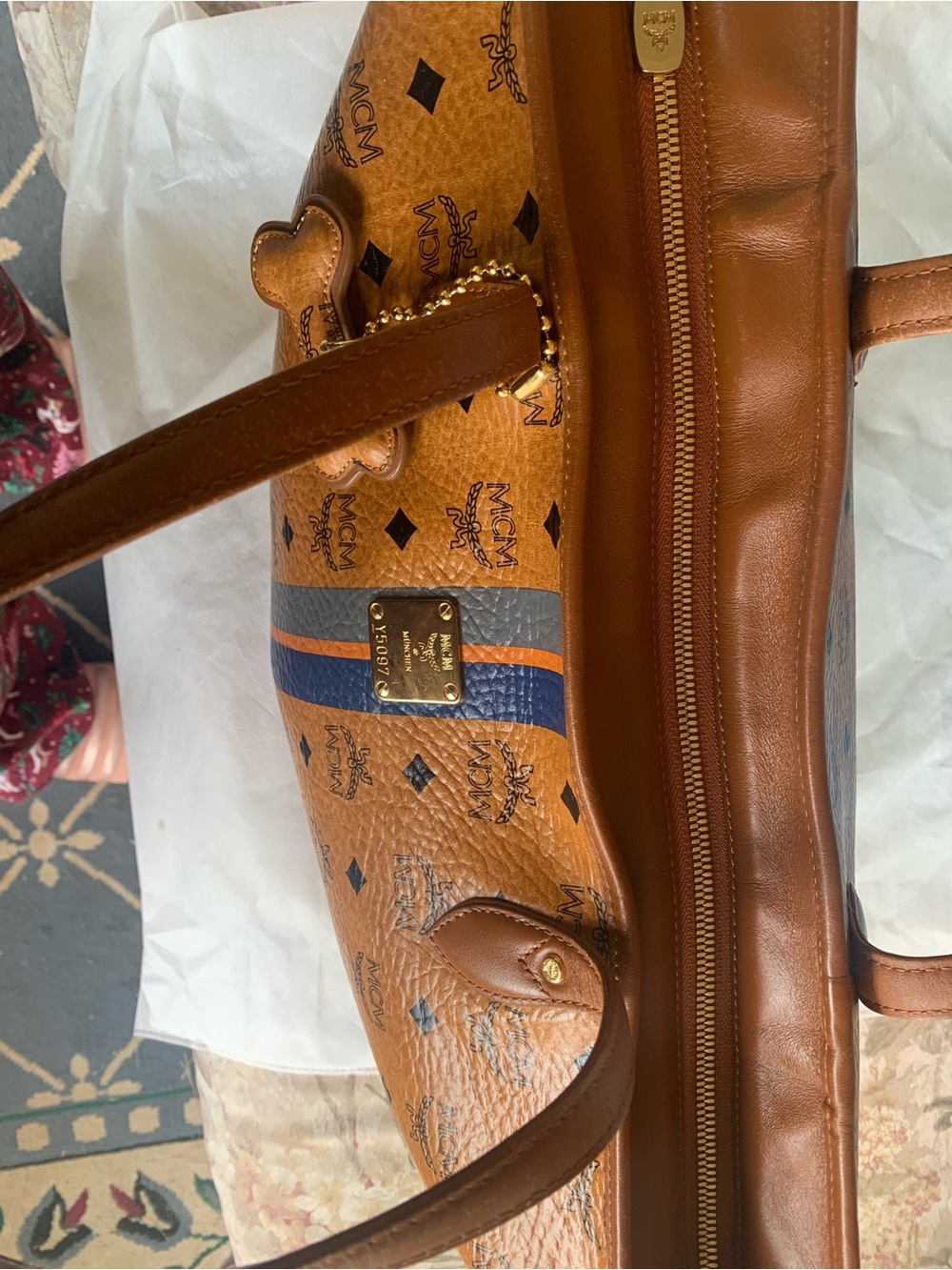 MCM Cognac Visetos Tote with Navy and Orange Center Stripe with Bone. EUC - Picture 12 of 16